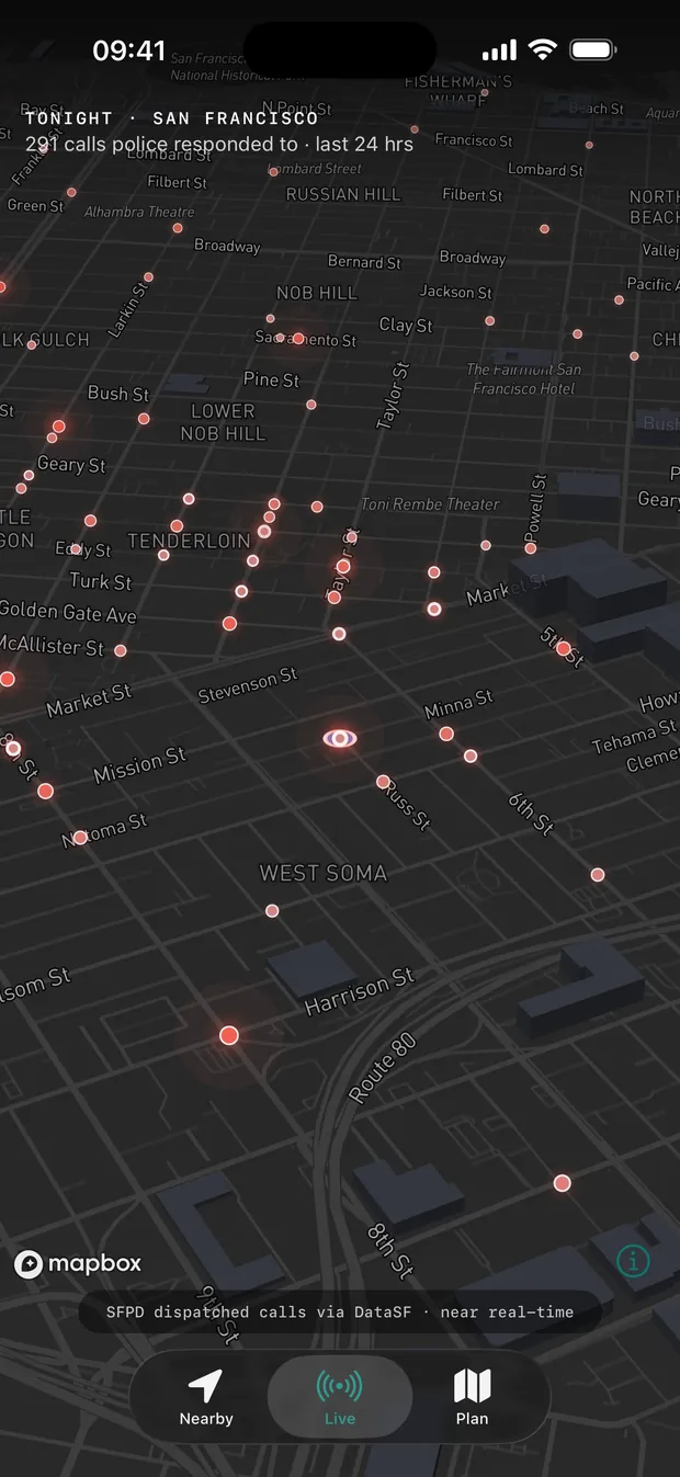 San Francisco Live map showing 291 calls police responded to in the last 24 hours